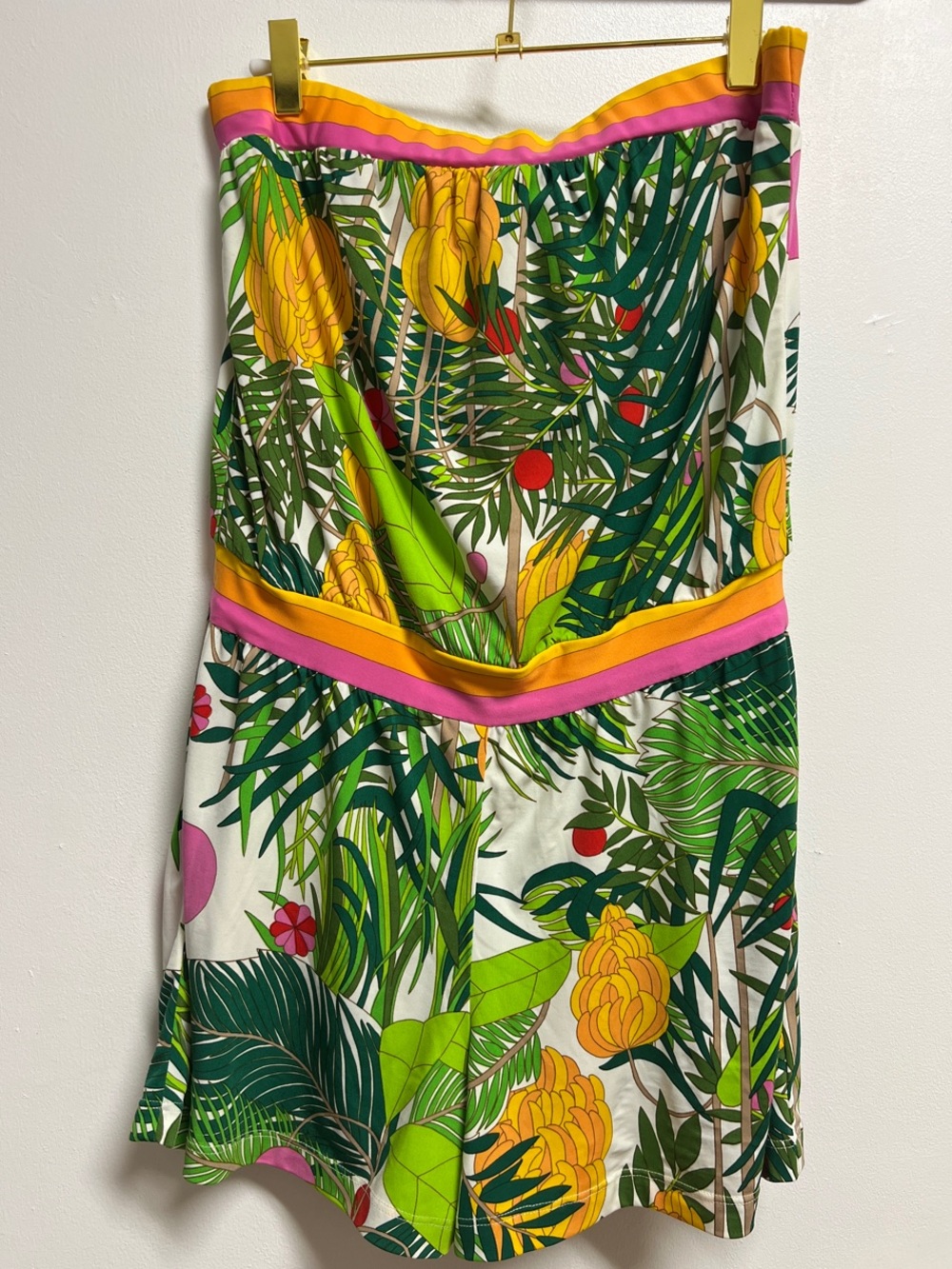 Trina Turk Strapless Tropical Print Poolside Swim Retro Romper Pink Yellow Trim